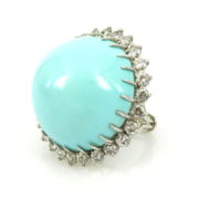 Vintage 24mm Cabochon Cut Natural Turquoise 2.60ct Diamond 14K White Gold Ring OA 47-05-47