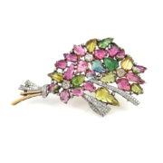 Vintage 25.0ct Tourmaline and 3.0ct Diamond 18K Gold Flower Bouquet Brooch Pin SM 39-003-47