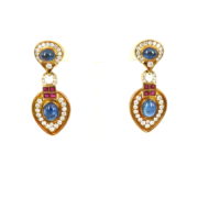 Vintage 8.0ct Sapphire 1.20ct Ruby 3.50ct Diamond Dangling 18K Yellow Gold Earrings OA 48-03-47