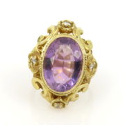 Vintage 8.0ct Amethyst 0.20ct Diamond 14K Yellow Gold Decorated Ring SM 47-02-47