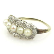 Antique 1.0ct Old Mine Cut Diamond & 3.0mm Natural Pearls Silver & Gold Ring ED 37-5-47