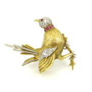 Vintage J.GJLRY 1.80ct Diamond 0.30ct Ruby 14K White & Yellow Gold Bird Brooch ED 37-15-47