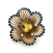 Vintage 8.0ct Imperial Topaz 5.70ct Diamond Sapphire & Emerald 14K Gold Brooch MH 19-05-DE