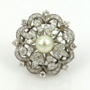 Vintage 5.90ct Diamond & 8.2mm Pearl Platinum Flower Brooch MH 20-04-47