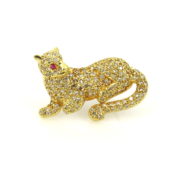 Antique English 2.0ct Diamond & Ruby 18K Yellow Gold Cat Brooch ED 40-01-47