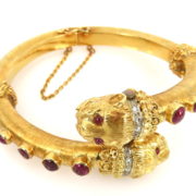 Vintage 3.0ct Ruby & 0.20ct Diamond 18K Gold Hand Carved Lion Bangle AN 258-03-MS